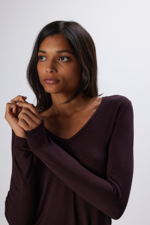 T-shirt Aubergine Col V Manches Longues en Viscose / Elasthanne - MAJESTIC FILATURES