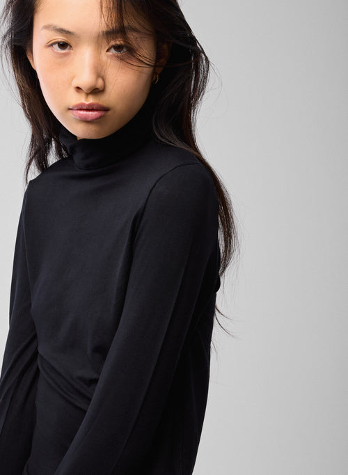 Black Turtleneck Long Sleeves T shirt in Viscose Elastane   - MAJESTIC FILATURES