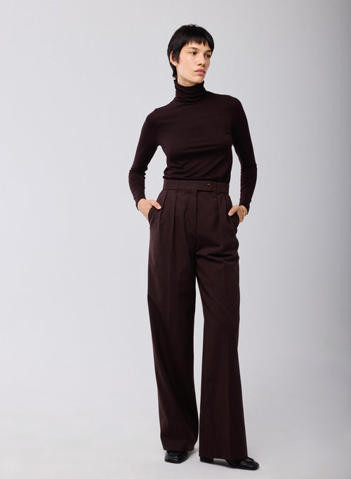 T-shirt Aubergine Col Roulé Manches Longues en Viscose et Elasthanne - MAJESTIC FILATURES