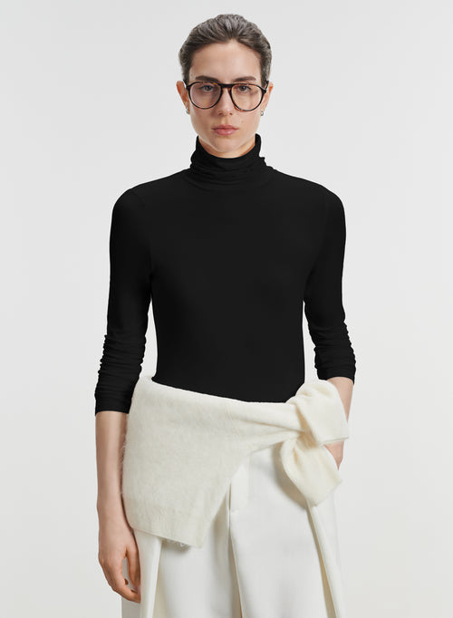 Black Turtleneck Long Sleeves T shirt in Viscose Elastane   - MAJESTIC FILATURES