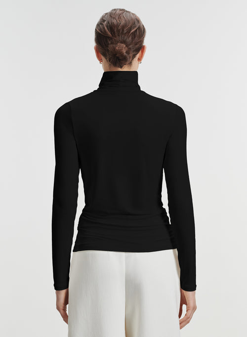 Black Turtleneck Long Sleeves T shirt in Viscose Elastane   - MAJESTIC FILATURES