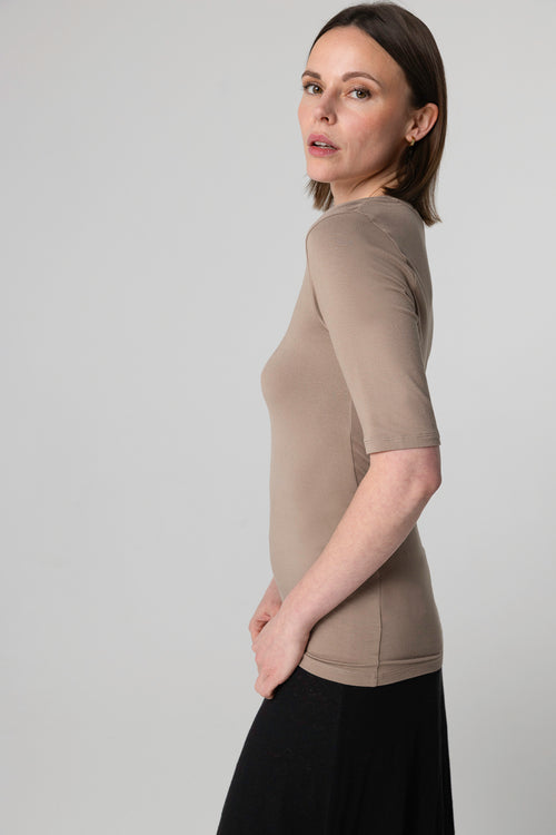 T-shirt Marron Col U Manches Coudes en Viscose / Elasthanne - MAJESTIC FILATURES