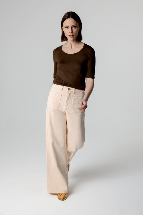 T-shirt Marron Foncé Col U Manches Coudes en Viscose / Elasthanne - MAJESTIC FILATURES