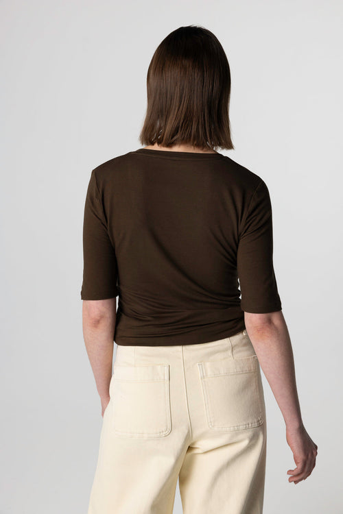 Dark Brown U-Neck Elbow-Length-Sleeve T-shirt in Viscose / Elastane - MAJESTIC FILATURES