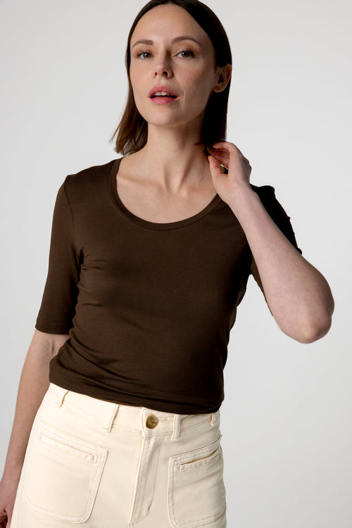 T-shirt Marron Foncé Col U Manches Coudes en Viscose / Elasthanne - MAJESTIC FILATURES