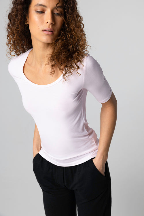 T-shirt Eau De Rose Col U Manches Coudes en Viscose / Elasthanne - MAJESTIC FILATURES
