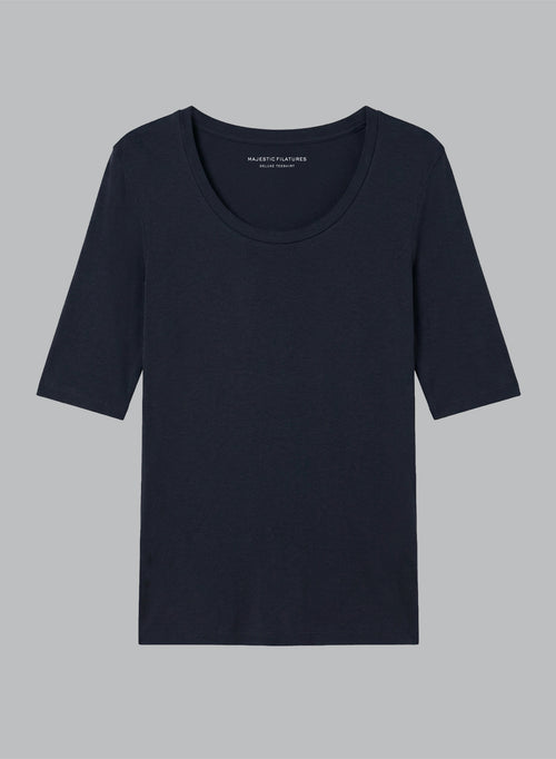 T-shirt Marine Col U Manches Coudes en Viscose / Elasthanne - MAJESTIC FILATURES