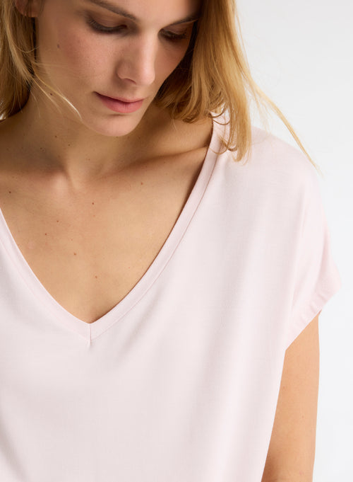 Tee shirt Rose Col V Manches Courtes en Viscose / Élasthanne - MAJESTIC FILATURES