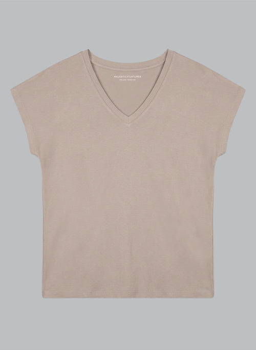 Camiseta marrón con cuello en V y manga corta de viscosa/elastano - MAJESTIC FILATURES