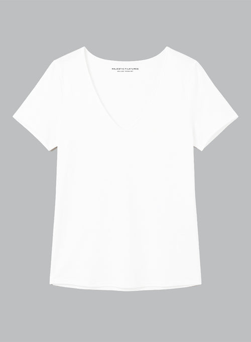 T-shirt Blanc Col V Manches Courtes en Viscose / Elasthanne - MAJESTIC FILATURES