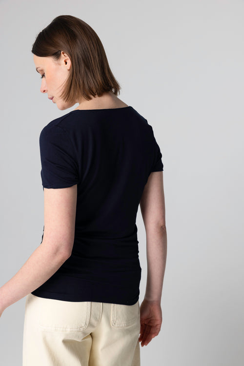 T-shirt Marine Col V Manches Courtes en Viscose / Elasthanne - MAJESTIC FILATURES