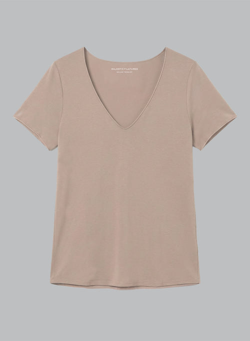 Camiseta marrón con cuello en V y manga corta de viscosa/elastano - MAJESTIC FILATURES