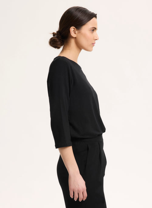 Black T-shirt 3/4 Sleeves Boat Neck in Viscose and Elastane - MAJESTIC FILATURES