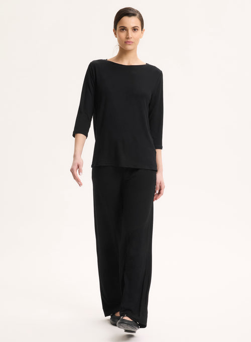 Black T-shirt 3/4 Sleeves Boat Neck in Viscose and Elastane - MAJESTIC FILATURES