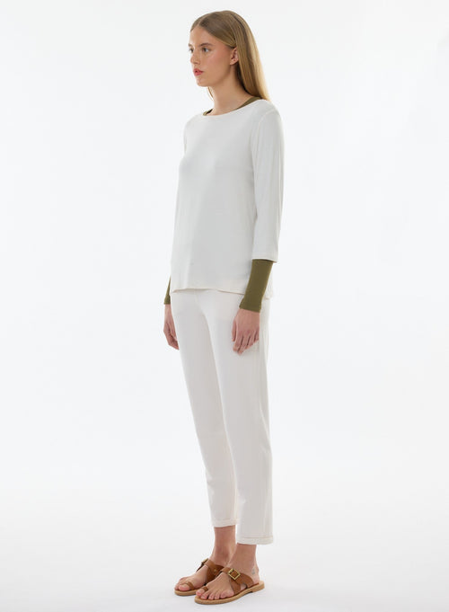 White T-shirt Boat Neck 3/4 Sleeves in Viscose and Elastane - MAJESTIC FILATURES