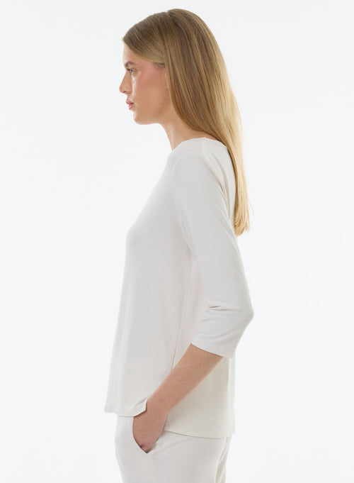 White T-shirt Boat Neck 3/4 Sleeves in Viscose and Elastane - MAJESTIC FILATURES