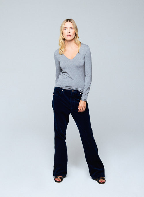 T-shirt Gris Col V Manches Longues en Viscose et Elasthanne - MAJESTIC FILATURES