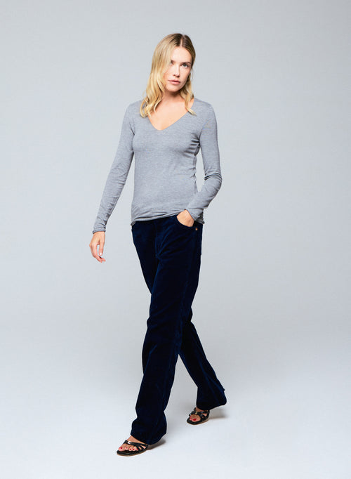 T-shirt Gris Col V Manches Longues en Viscose et Elasthanne - MAJESTIC FILATURES