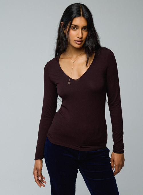 Purple V-Neck Long Sleeves T-shirt in Viscose and Elastane  - MAJESTIC FILATURES