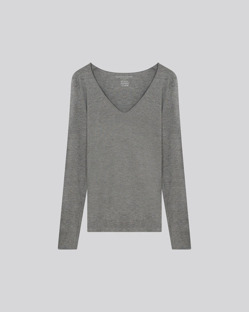 T-shirt Gris Col V Manches Longues en Viscose et Elasthanne - MAJESTIC FILATURES