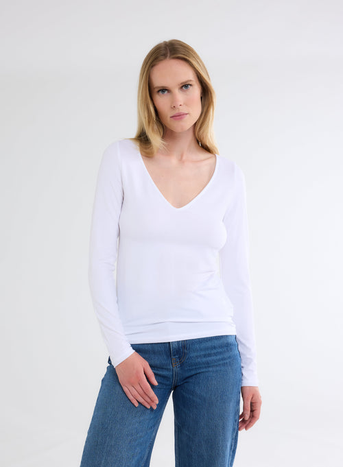 T-shirt Blanc Col V Manches Longues en Viscose et Élasthanne - MAJESTIC FILATURES