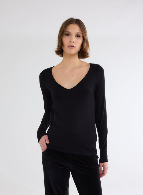 T-shirt Noir Col V Manches Longues en Viscose et Élasthanne - MAJESTIC FILATURES