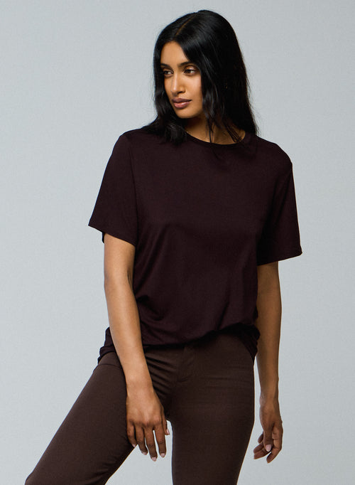 T-shirt Aubergine Col Rond Manches Courtes en Viscose / Elasthanne - MAJESTIC FILATURES