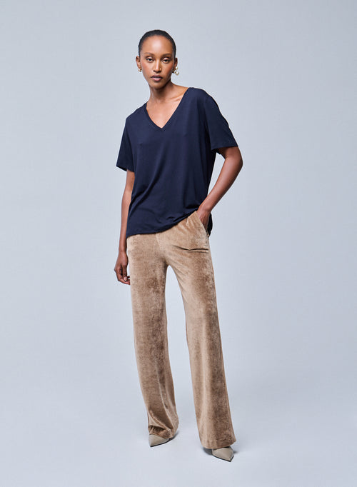 Navy blue V-neck Short Sleeves T-shirt in Viscose / Elastane - MAJESTIC FILATURES