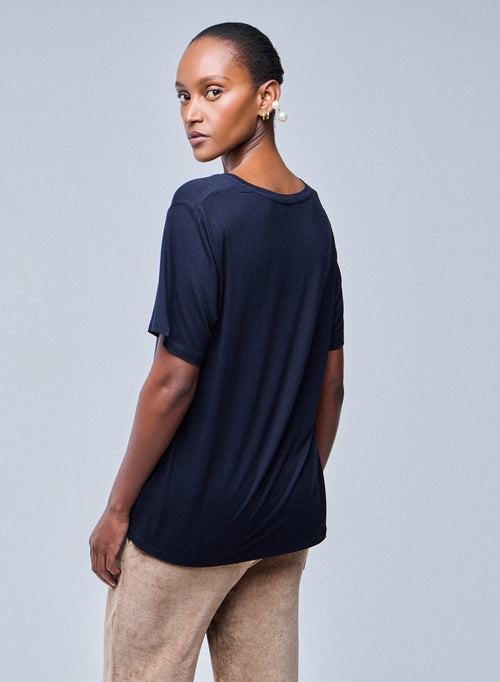 Navy blue V-neck Short Sleeves T-shirt in Viscose / Elastane - MAJESTIC FILATURES