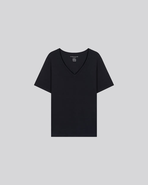 Navy blue V-neck Short Sleeves T-shirt in Viscose / Elastane - MAJESTIC FILATURES