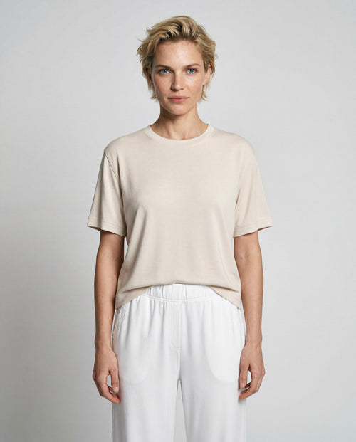 White Round-Neck Short-Sleeve Sweatshirt in Viscose / Elastane - MAJESTIC FILATURES