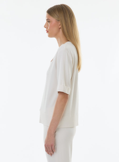 Tee shirt Blanc Manches Coudes Col V en Viscose / Elasthanne - MAJESTIC FILATURES