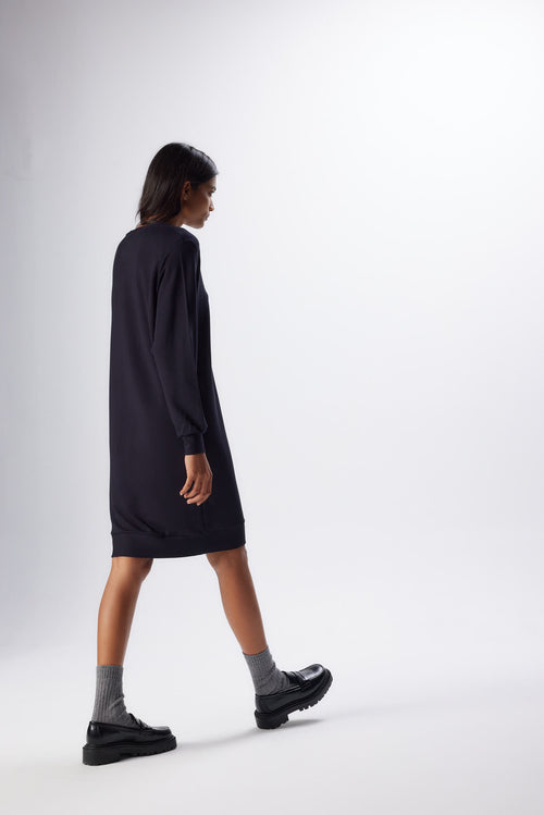 Navy Dress Round Neck Long Sleeves in Viscose and Elastane - MAJESTIC FILATURES