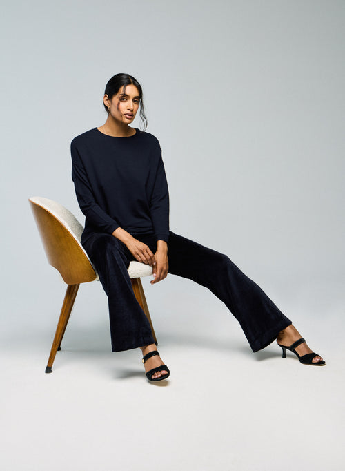 Navy Sweatshirt Round Neck Long Sleeves in Viscose / Elastane - MAJESTIC FILATURES