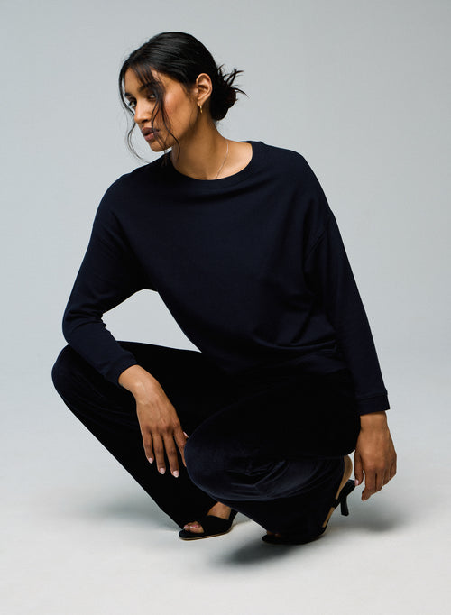 Navy Sweatshirt Round Neck Long Sleeves in Viscose / Elastane - MAJESTIC FILATURES