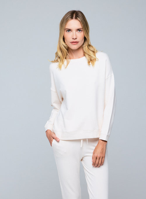 White round-neck sweatshirt with long sleeves in viscose / elastane - MAJESTIC FILATURES