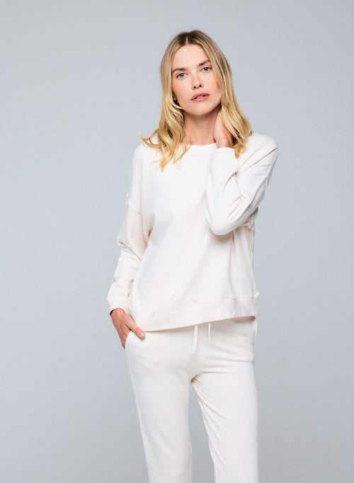 Sweat Blanc Col Rond Manches Longues en Viscose / Elasthanne - MAJESTIC FILATURES