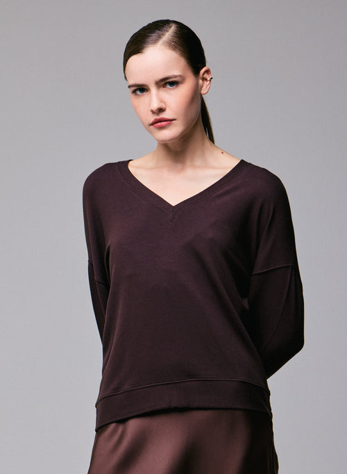 Sweat Marron Col V Manches Longues en Viscose / Elasthanne - MAJESTIC FILATURES