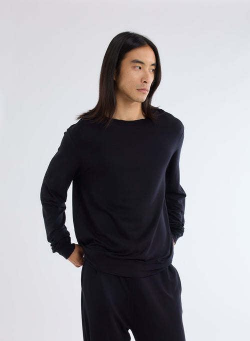 Black Crew Neck Long Sleeve Sweatshirt in Viscose and Elastane - MAJESTIC FILATURES