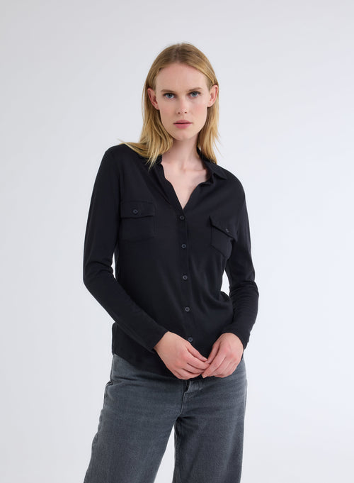 Navy Shirt with Long Sleeve Pockets in Cotton and Cashmere - MAJESTIC FILATURES