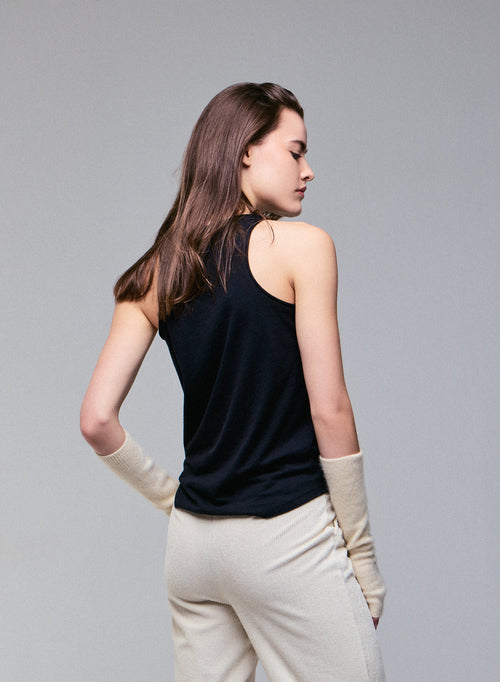 Black sleeveless U-neck tank top in cotton / cashmere - MAJESTIC FILATURES