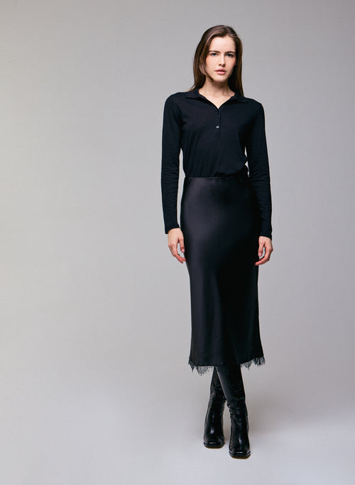 Polo Noir Polo Manches Longues en Coton / Cachemire - MAJESTIC FILATURES