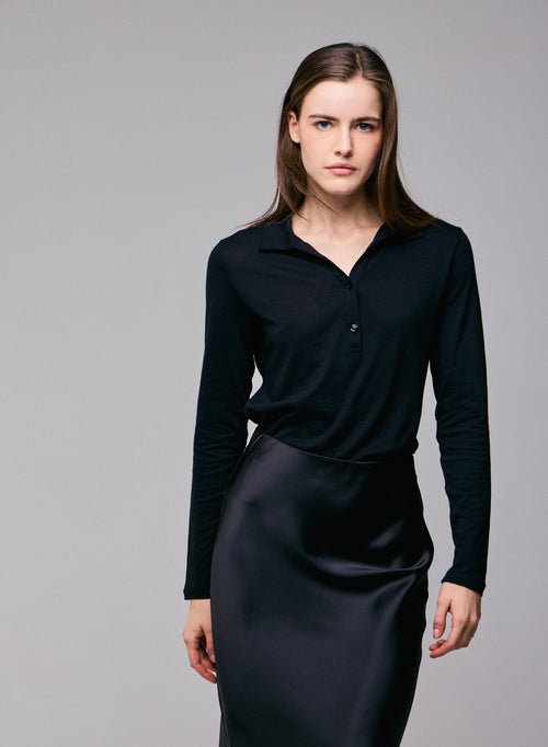 Polo Noir Polo Manches Longues en Coton / Cachemire - MAJESTIC FILATURES