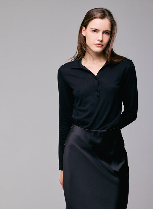 Polo Noir Polo Manches Longues en Coton / Cachemire - MAJESTIC FILATURES