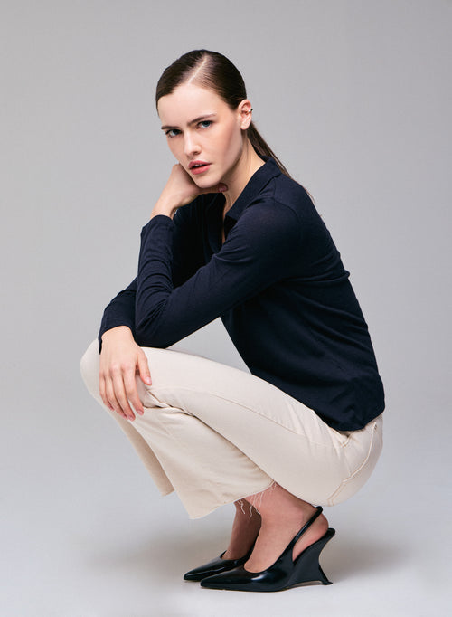 Navy polo shirt Long sleeve polo shirt in cotton / cashmere - MAJESTIC FILATURES