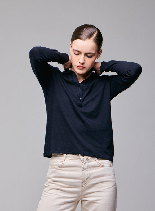 Navy polo shirt Long sleeve polo shirt in cotton / cashmere - MAJESTIC FILATURES