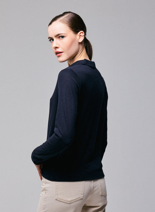 Navy polo shirt Long sleeve polo shirt in cotton / cashmere - MAJESTIC FILATURES