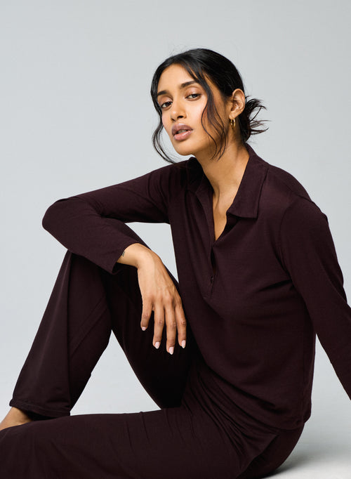 Polo Aubergine Manches Longues en Coton / Cachemire - MAJESTIC FILATURES