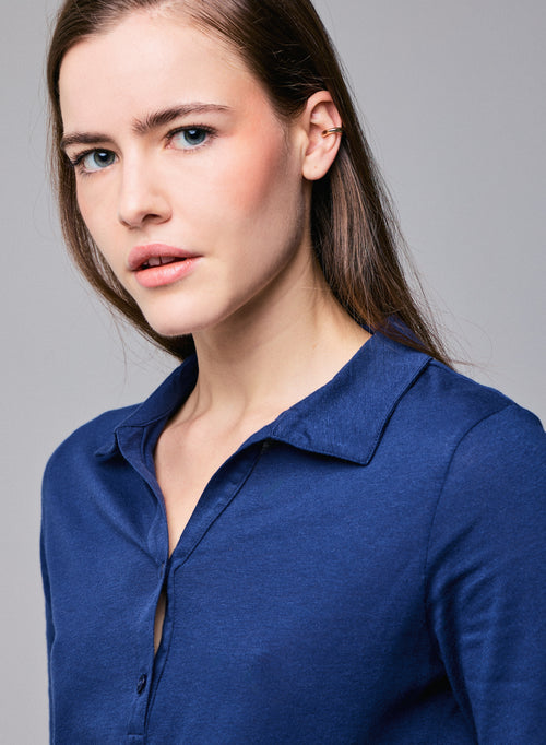 Polo Bleu Polo Manches Longues en Coton / Cachemire - MAJESTIC FILATURES