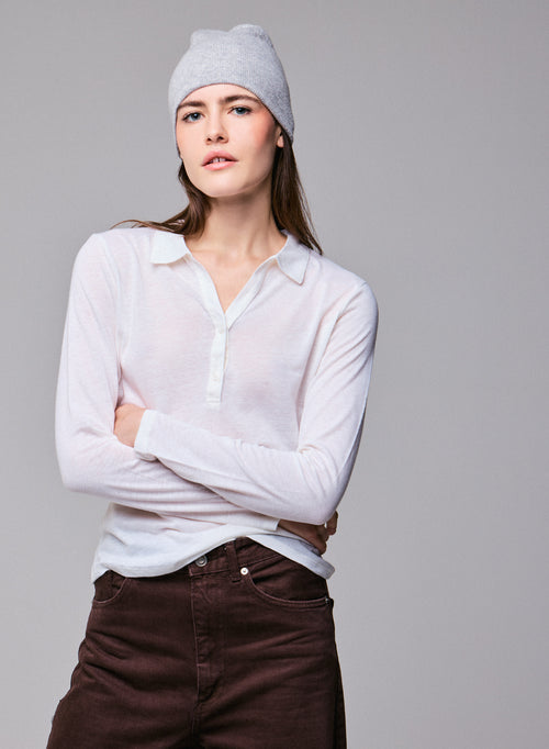 Polo Blanc Polo Manches Longues en Coton / Cachemire - MAJESTIC FILATURES